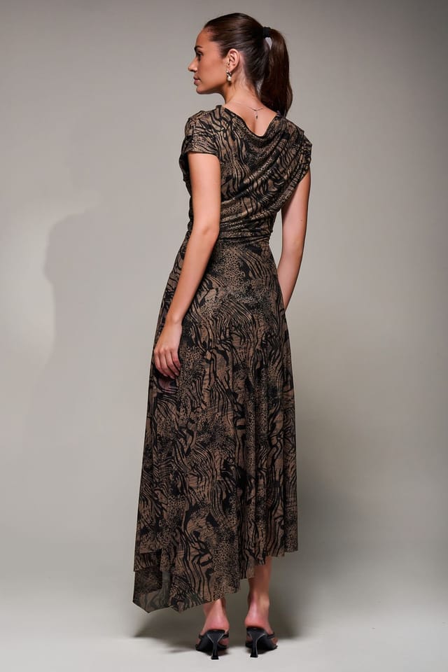 Jolie Moi Jolie Moi Women's Asymmetrical Draped Slash Neck Midaxi Dress in Brown - 2