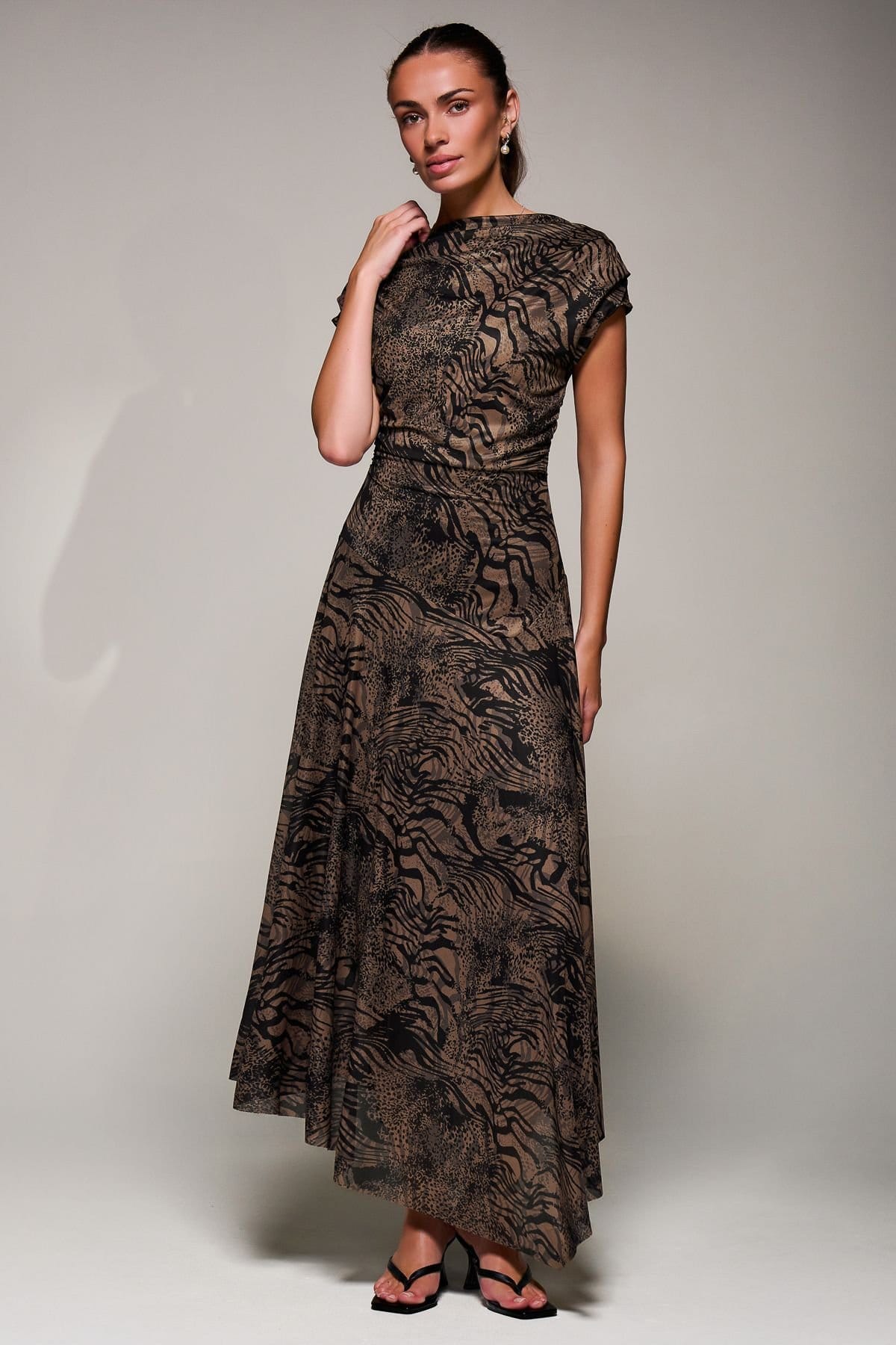Jolie Moi Jolie Moi Women's Asymmetrical Draped Slash Neck Midaxi Dress in Brown - 4