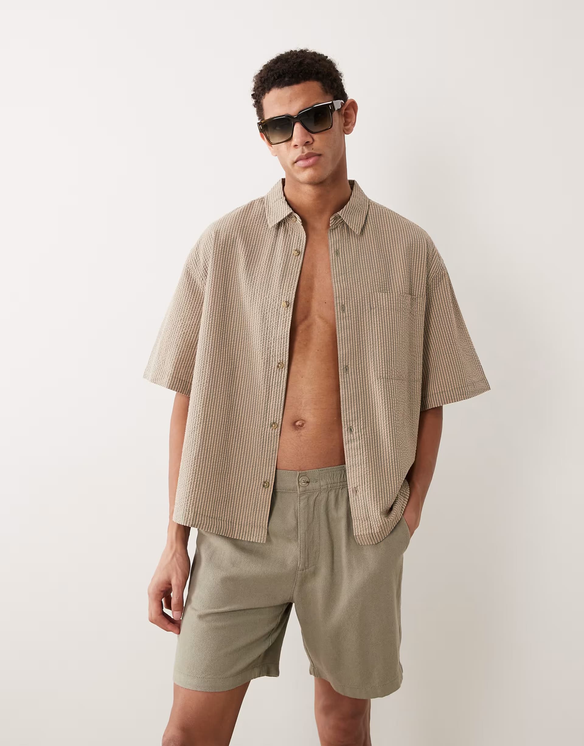 ASOS ASOS DESIGN boxy oversized seersucker stripe shirt in beige