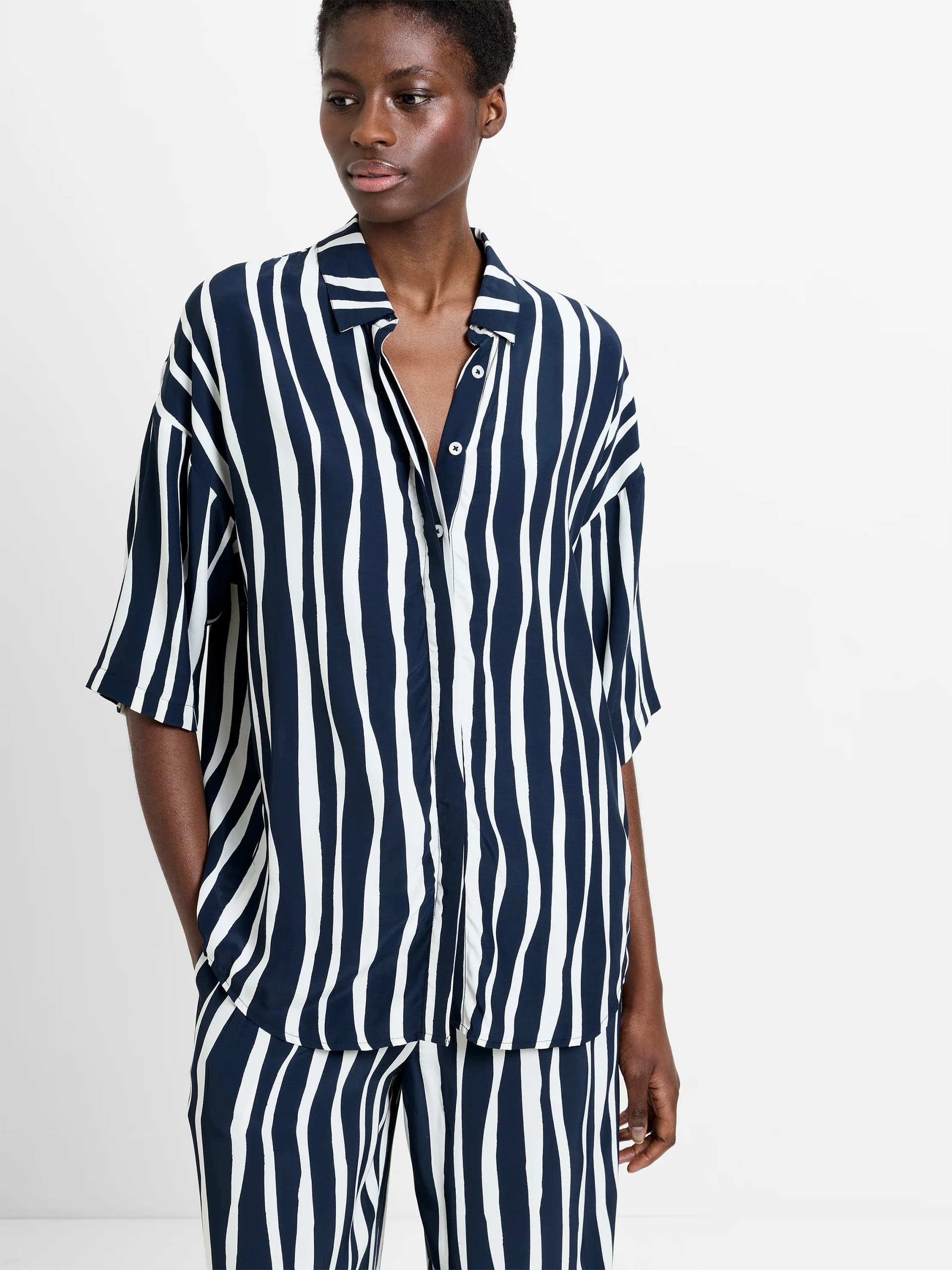 French Connection Genevieve Eco Striped Shirt Midnight/Ecru Cream