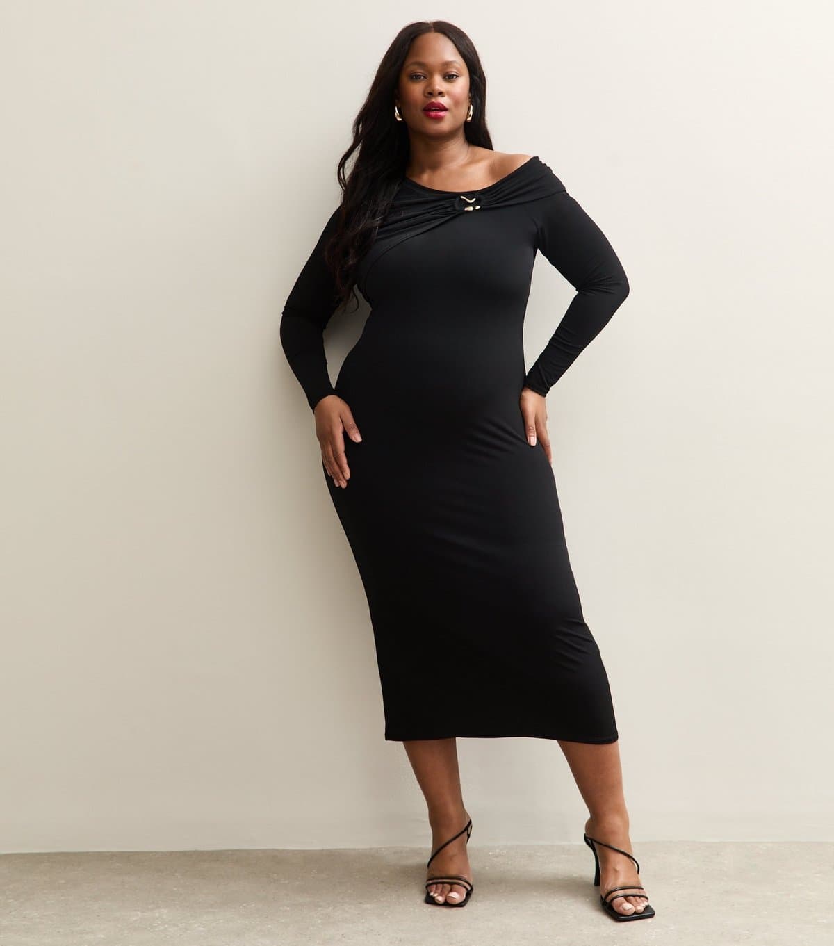 New Look Women's Curve Black Fallen Shoulder Midi Dress New Look