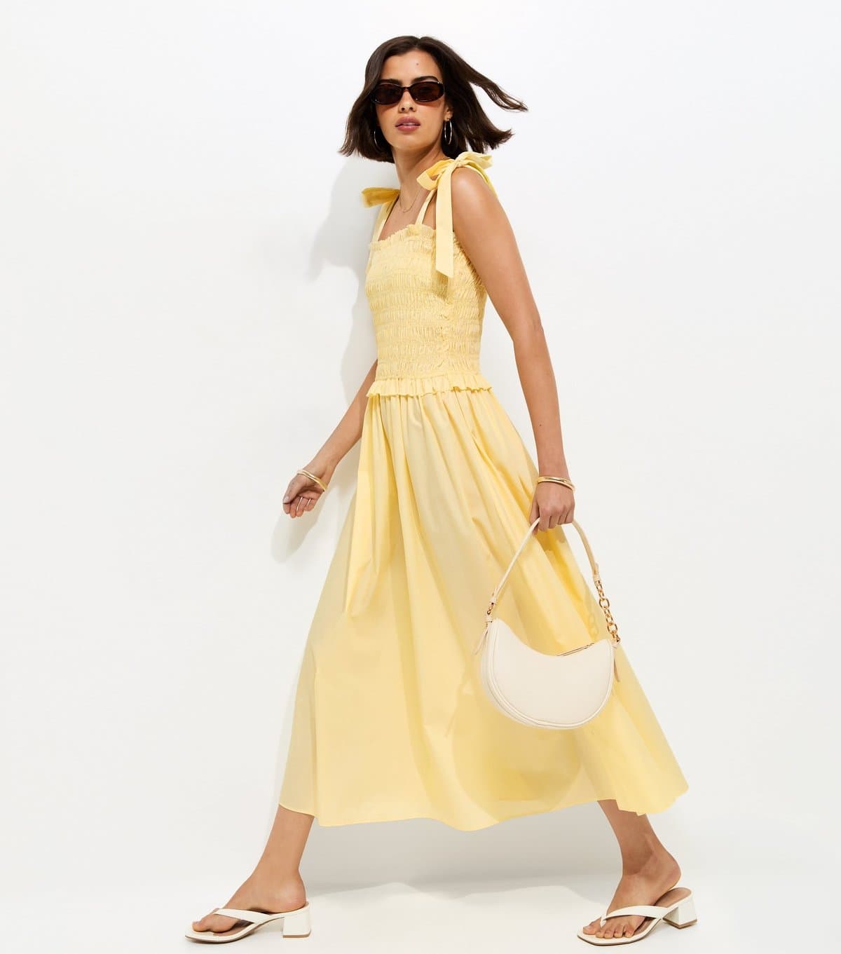New Look Women's Light Yellow Cotton Shirred Tie Strap Midi Dress New Look