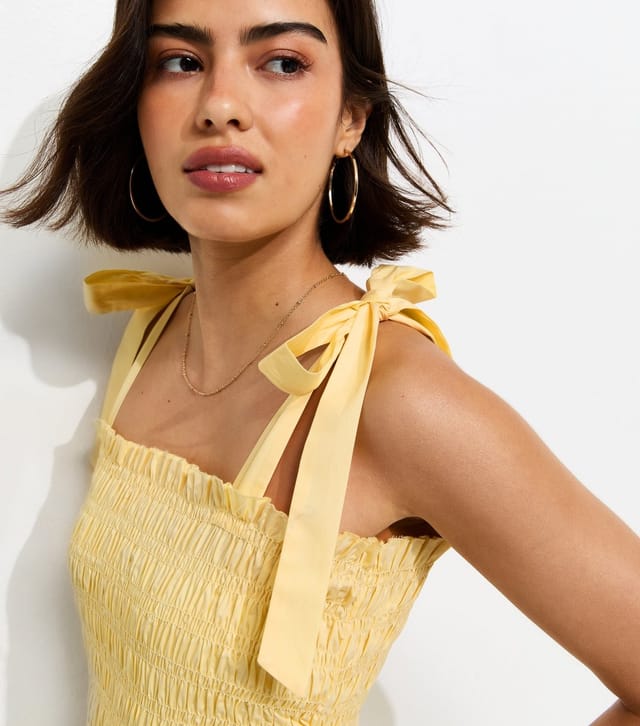 New Look Women's Light Yellow Cotton Shirred Tie Strap Midi Dress New Look - 2