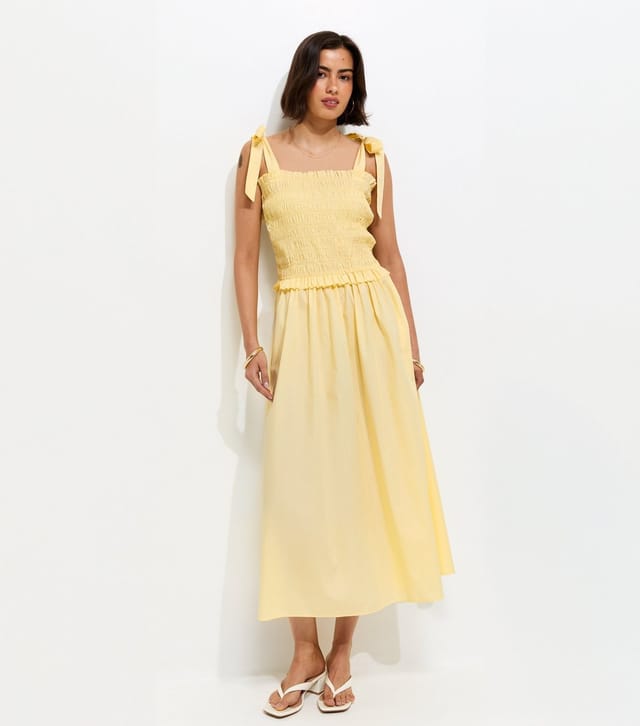 New Look Women's Light Yellow Cotton Shirred Tie Strap Midi Dress New Look - 3