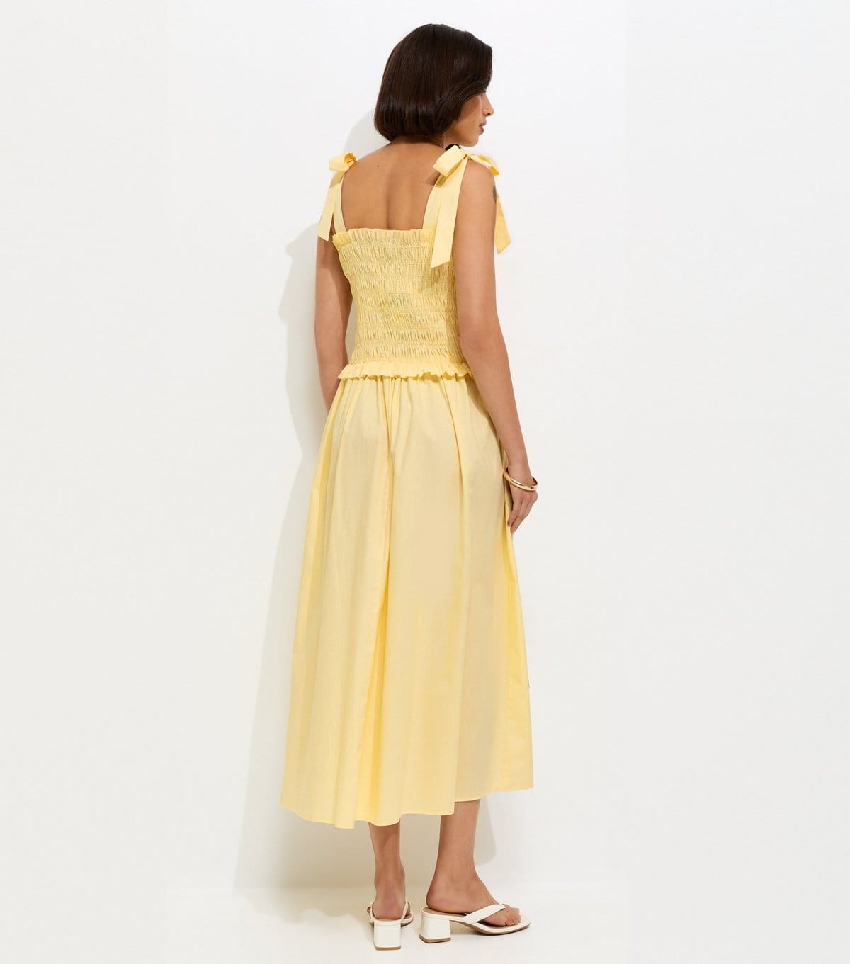 New Look Women's Light Yellow Cotton Shirred Tie Strap Midi Dress New Look - 4