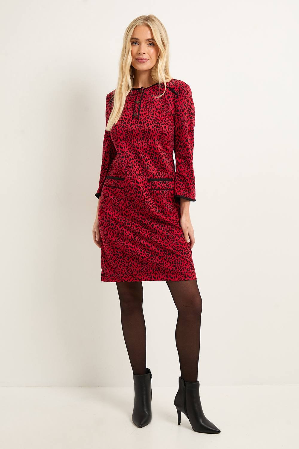 Wallis Wallis Women's Petite Leopard Ponte Contrast Shift Dress in Red - 2