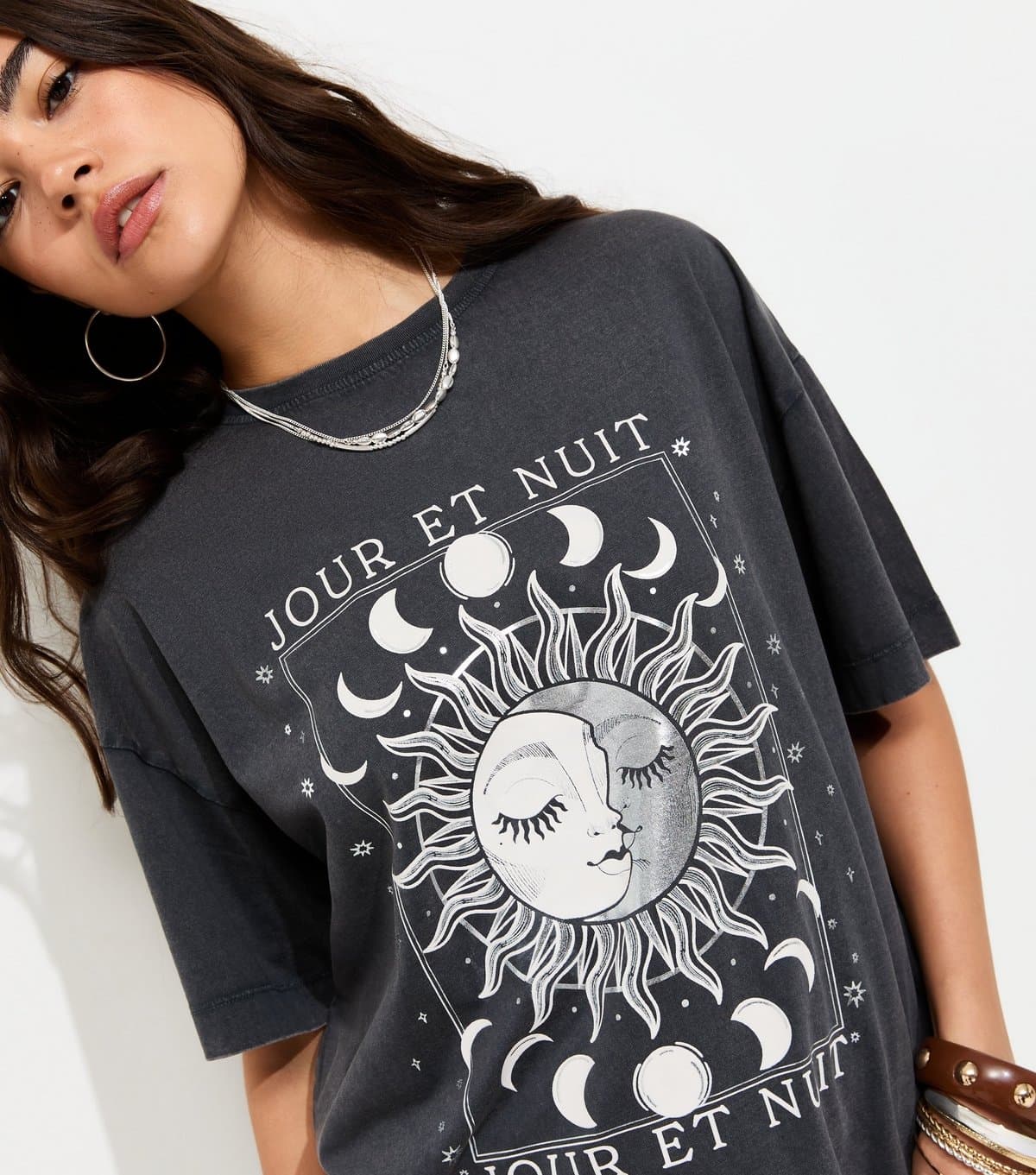 New Look Women's Dark Grey Cotton Mystic Print Acid Oversized T-Shirt New Look