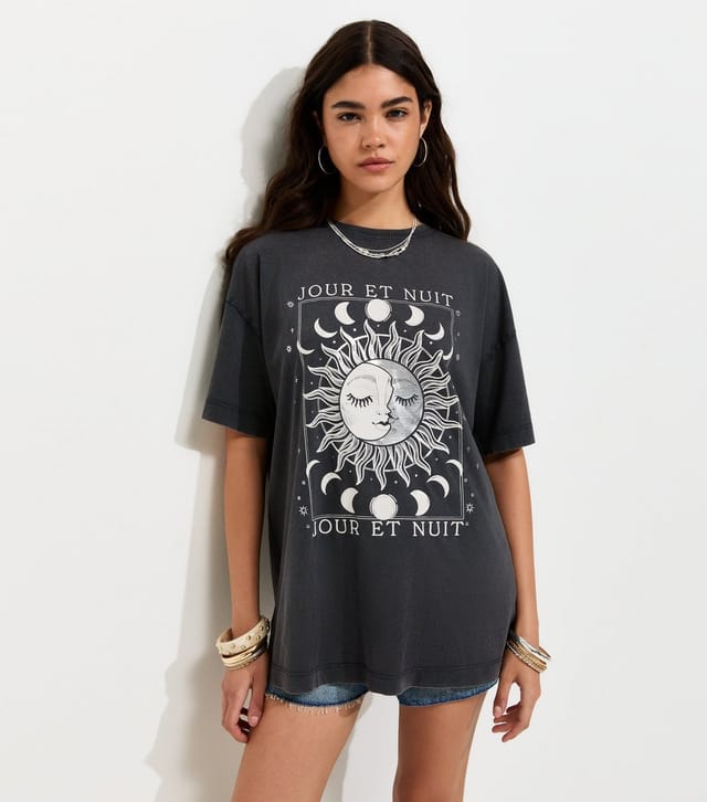 New Look Women's Dark Grey Cotton Mystic Print Acid Oversized T-Shirt New Look - 2