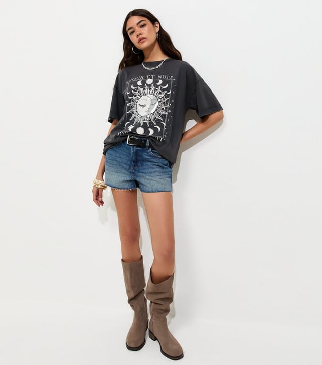 New Look Women's Dark Grey Cotton Mystic Print Acid Oversized T-Shirt New Look - 3