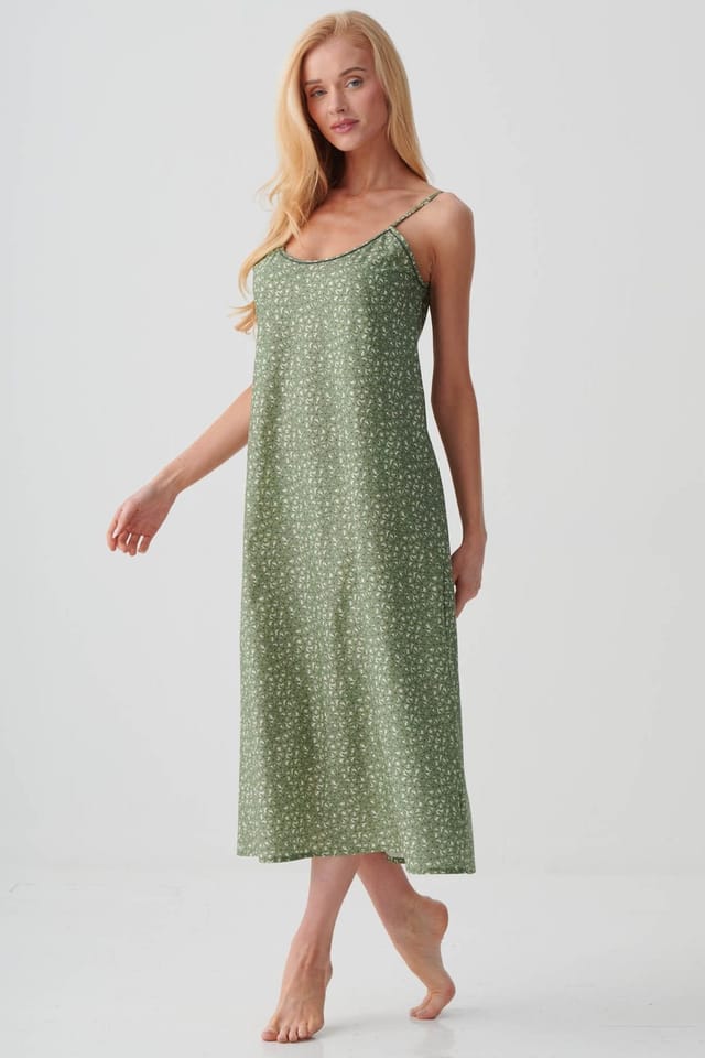 British Boxers British Boxers Women's "Shrub Sage Flower" Crisp Cotton Strappy Nightdress in Pale Green - 2