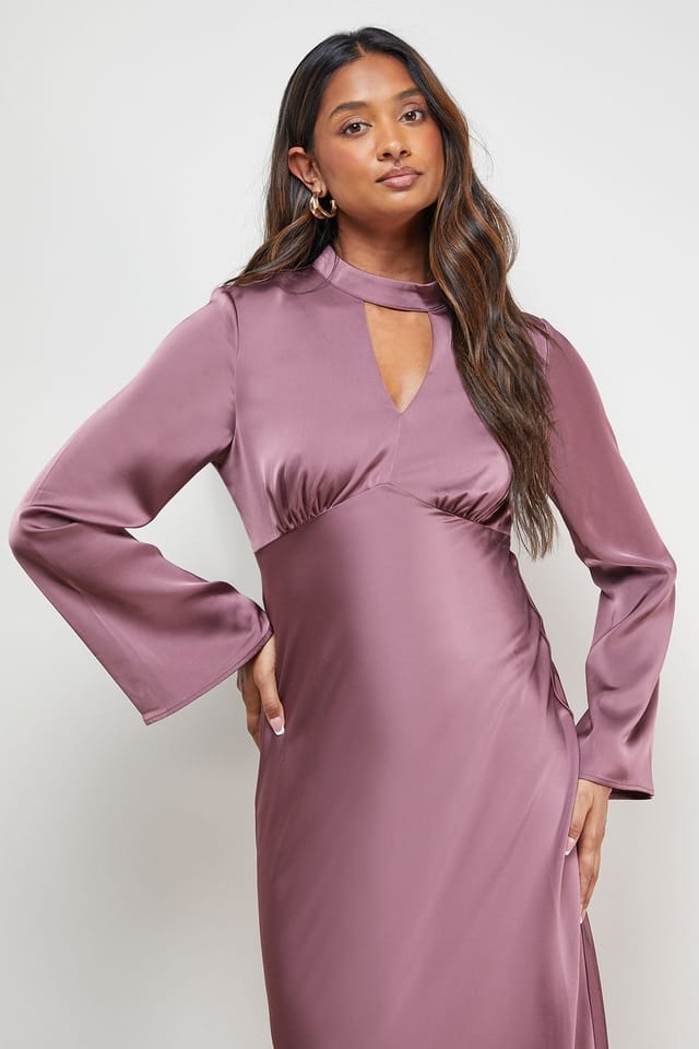 Oasis Oasis Women's Satin Cut Out Flare Sleeve Bias Midi Dress in Mauve - 2