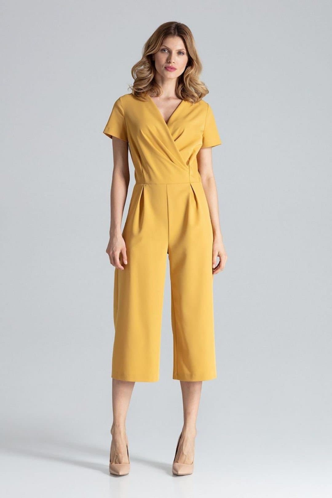 Love Lace Love Lace Women's Short Sleeve Envelope Jumpsuit Wide Leg Zip in Yellow