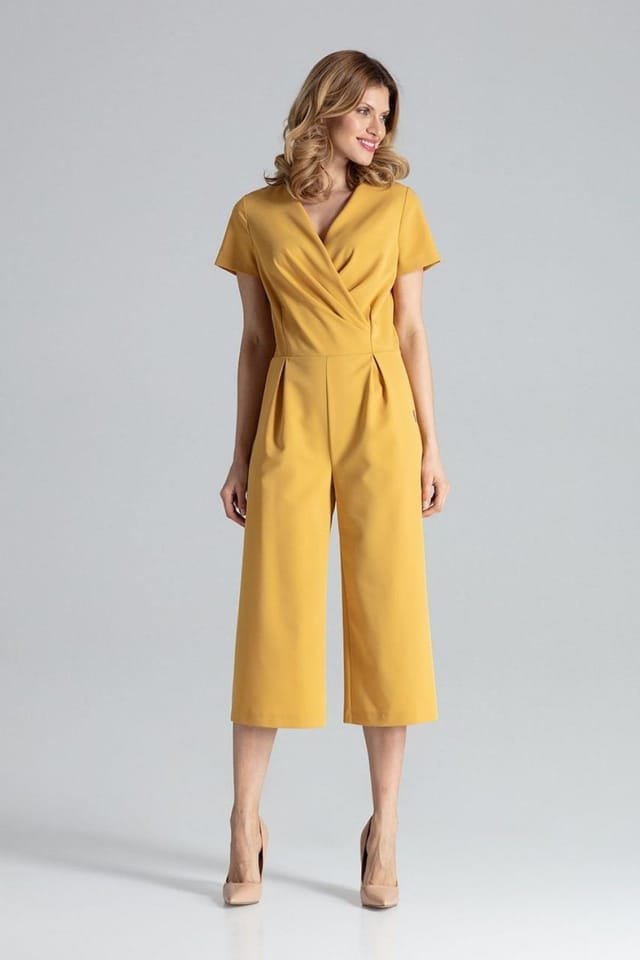 Love Lace Love Lace Women's Short Sleeve Envelope Jumpsuit Wide Leg Zip in Yellow - 2