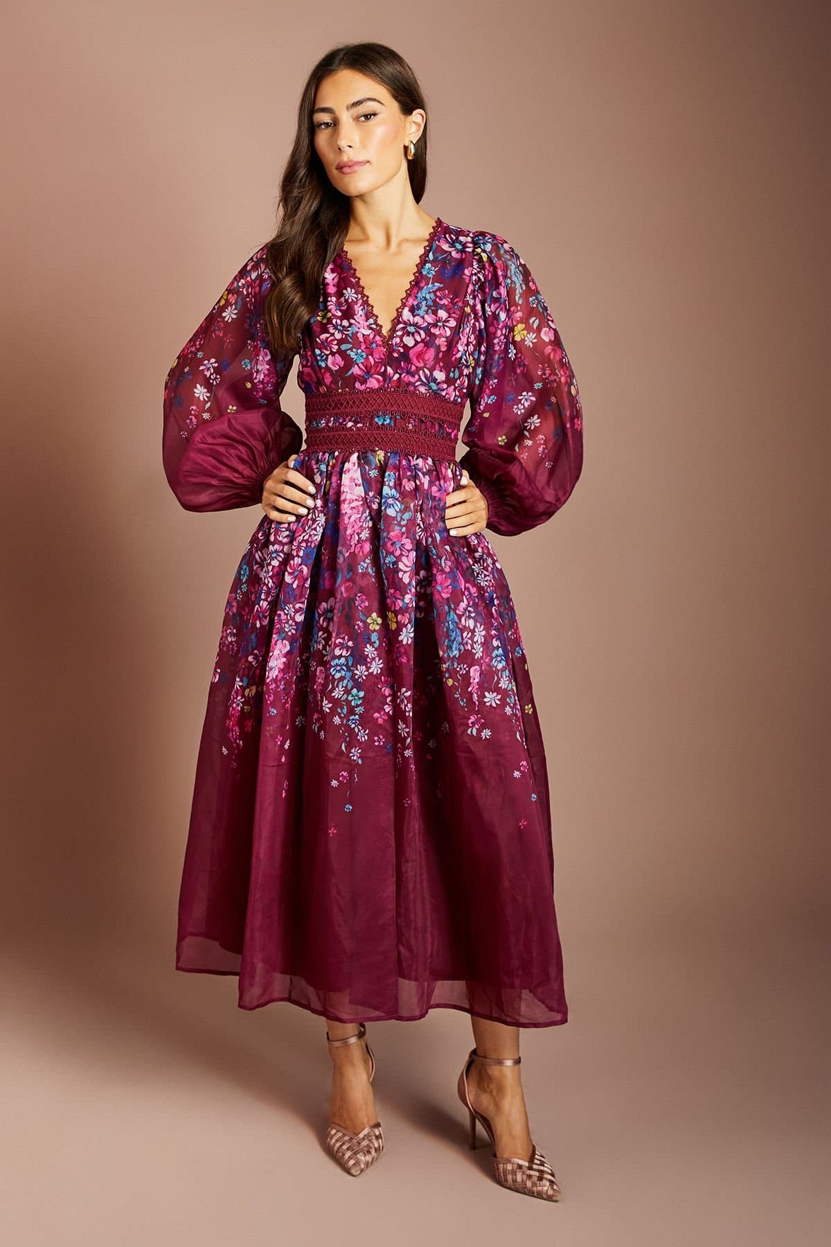 Coast Coast Women's Organza Floral Placement Lace Trim Midaxi Dress in Plum