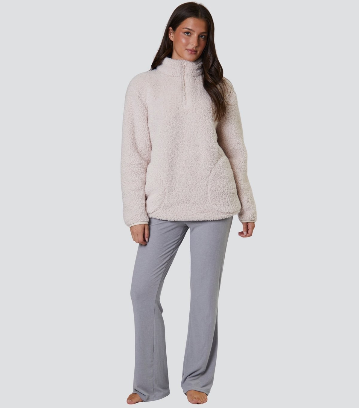 Loungeable Women's Cream Borg Quarter Zip Jumper Loungeable New Look - 2