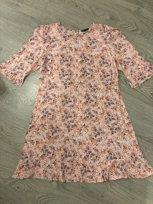 Marks & Spencer M&S Collection Pink Printed Shift Dress UK 16 Floral Abstract Print Frill Hem 3/4 Sleeve