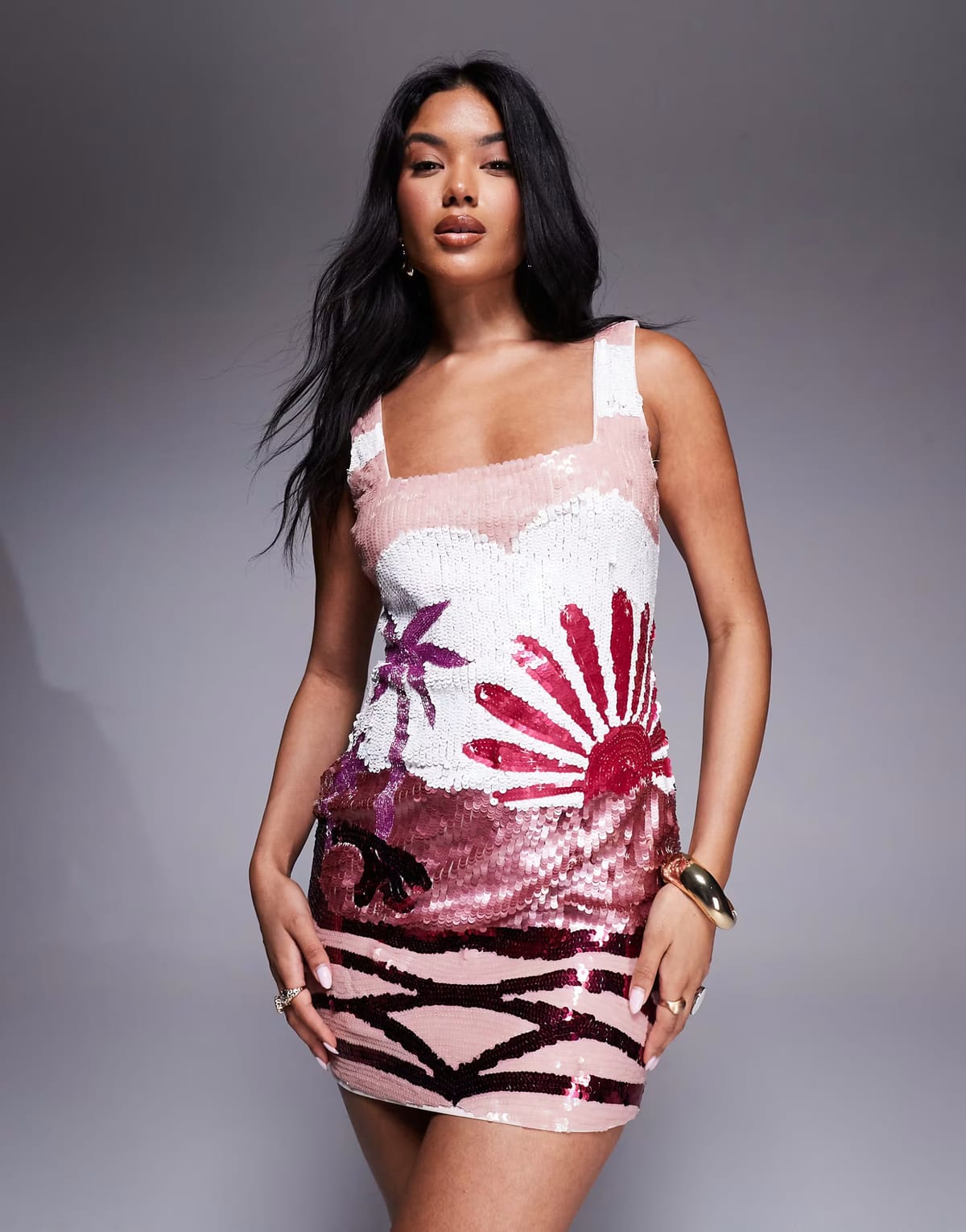 ASOS River Island sequin embellished mini dress in pink - 1