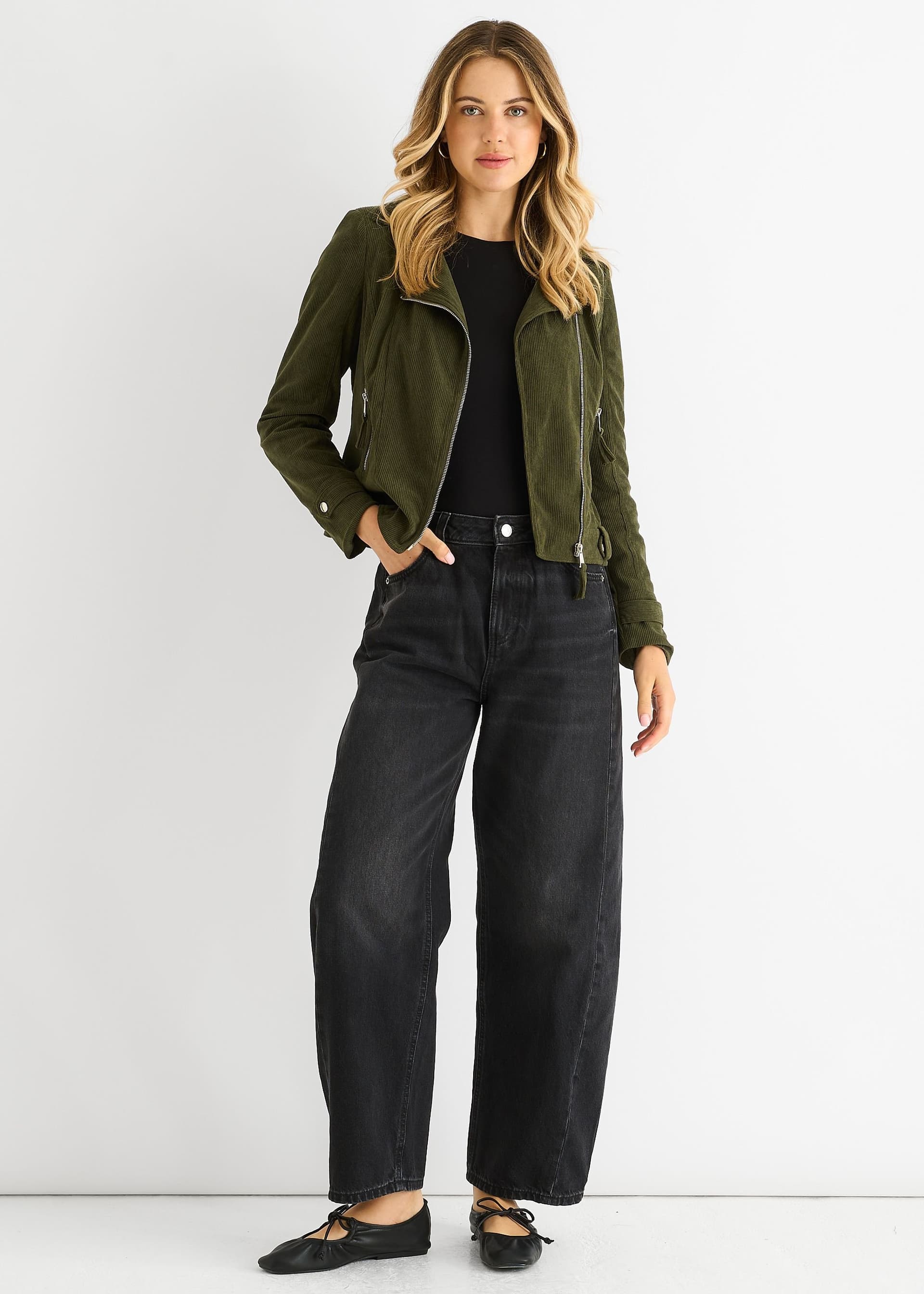 Gini London Gini London Women's Khaki Corduroy Biker Zip Up Jacket