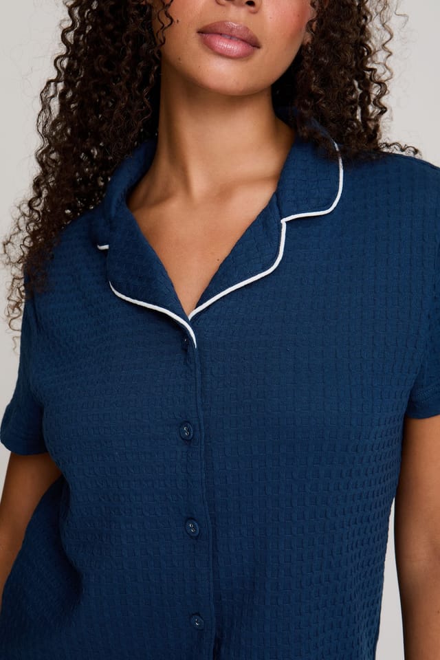 Pretty You London Pretty You London Women's Luxury Suite Waffle Short Shirt Trouser Set in Blue - 2
