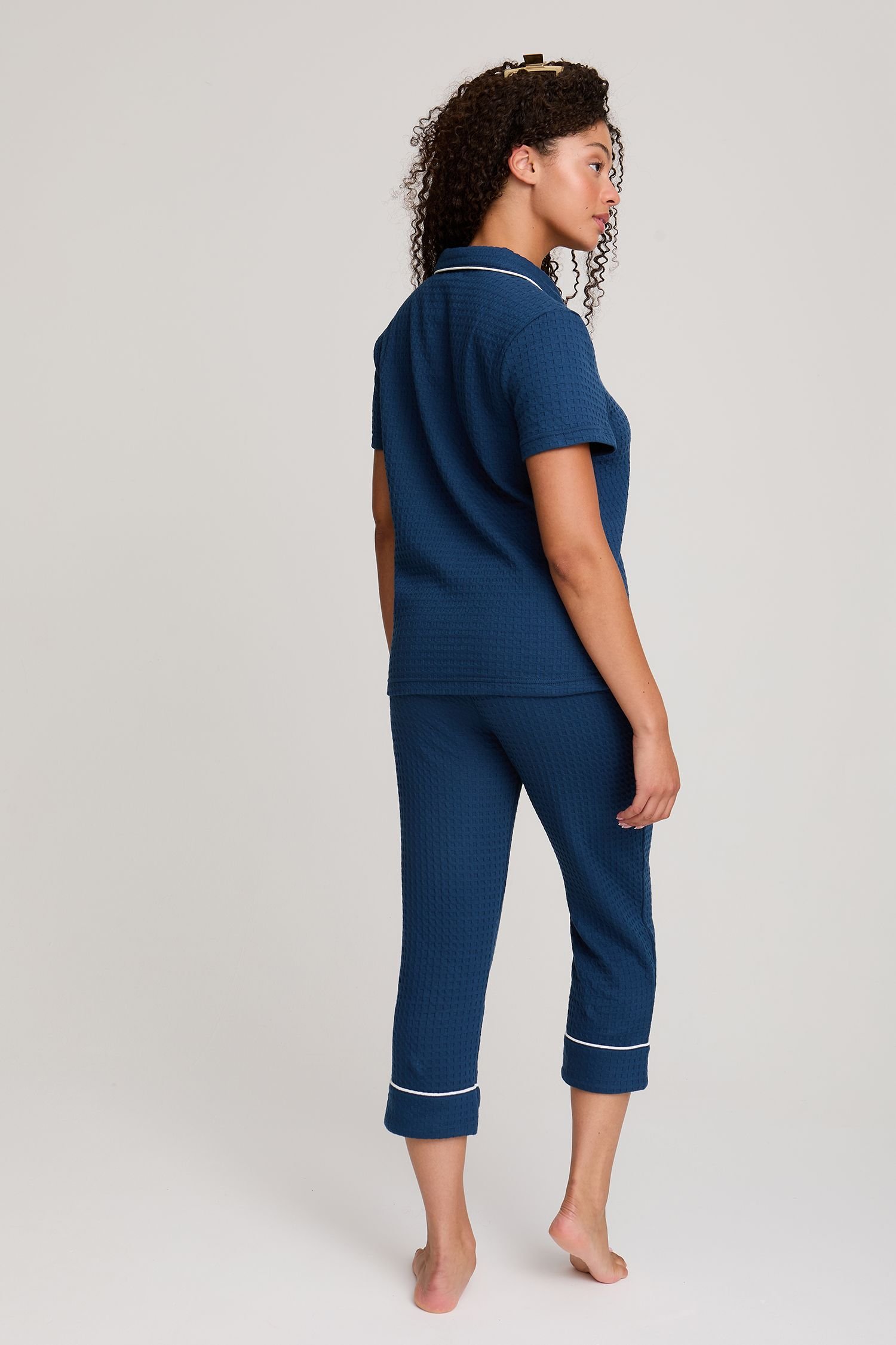 Pretty You London Pretty You London Women's Luxury Suite Waffle Short Shirt Trouser Set in Blue - 3