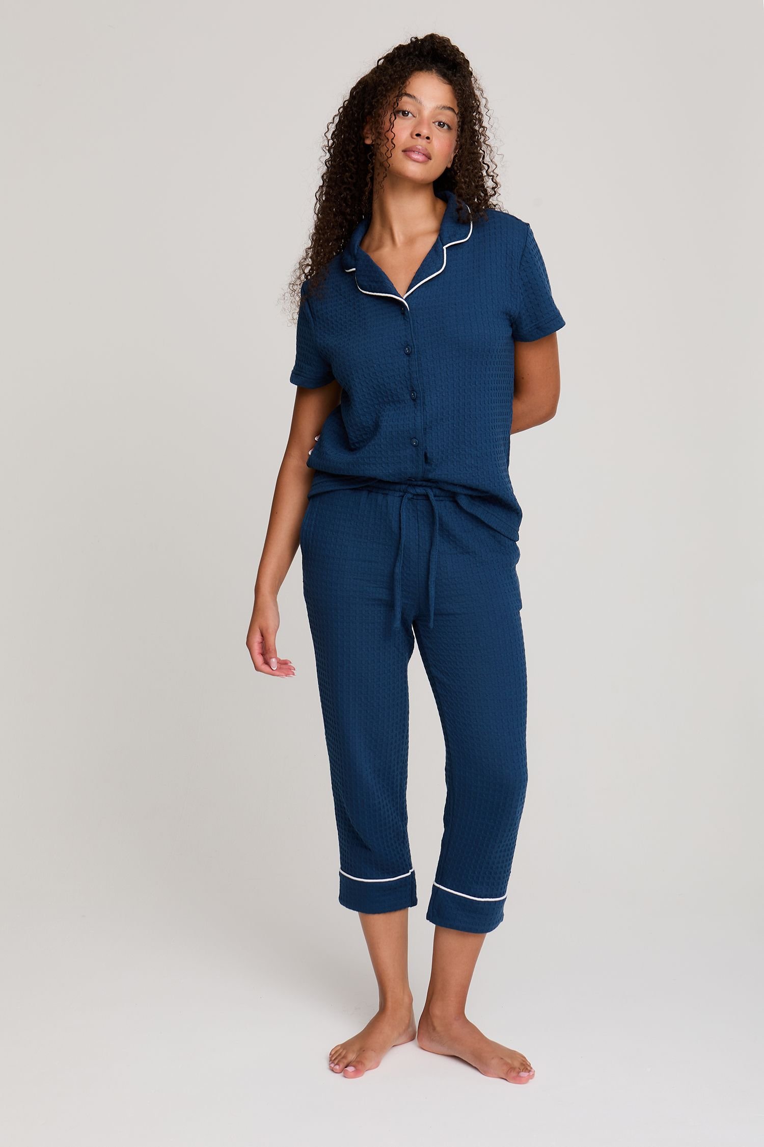 Pretty You London Pretty You London Women's Luxury Suite Waffle Short Shirt Trouser Set in Blue - 4