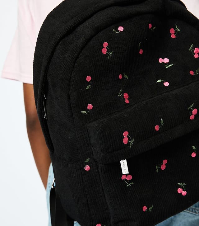 Skinnydip Black Corduroy Cherry Embroidered Backpack Skinnydip New Look - 2