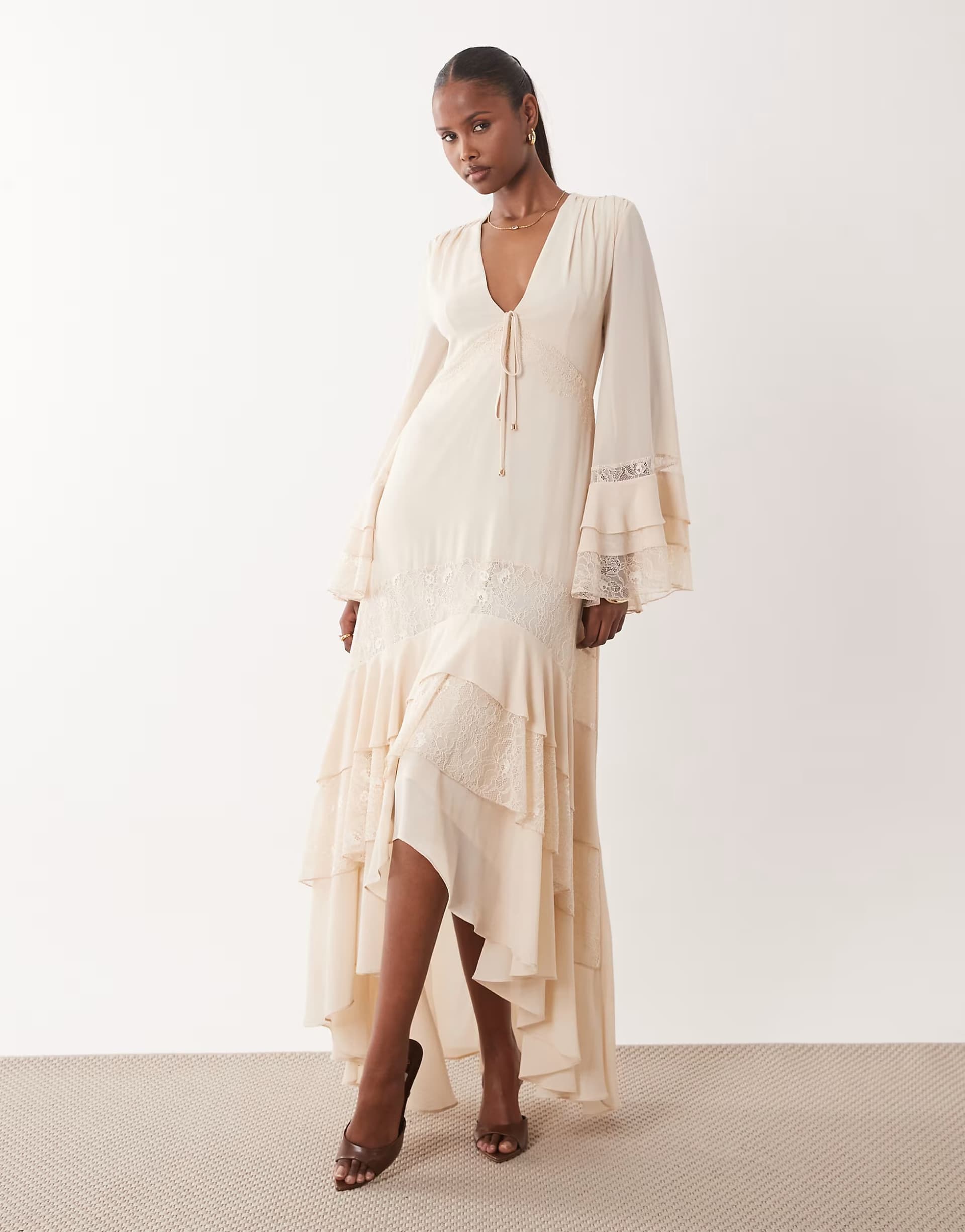 ASOS TFNC v neck long sleeve frilly chiffon maxi dress in cream