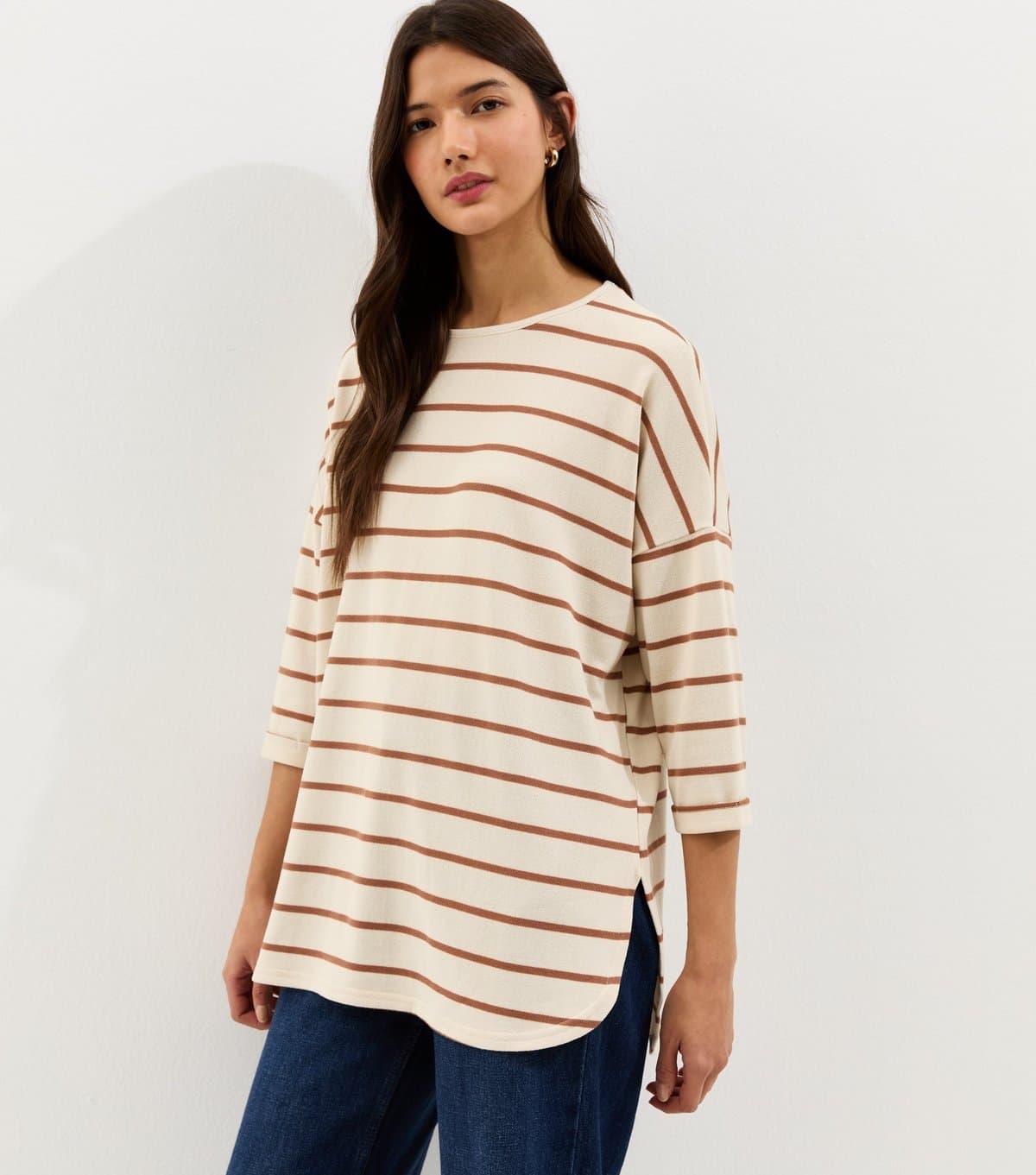 New Look New Look Cream Striped Cropped Sleeve Oversized Top