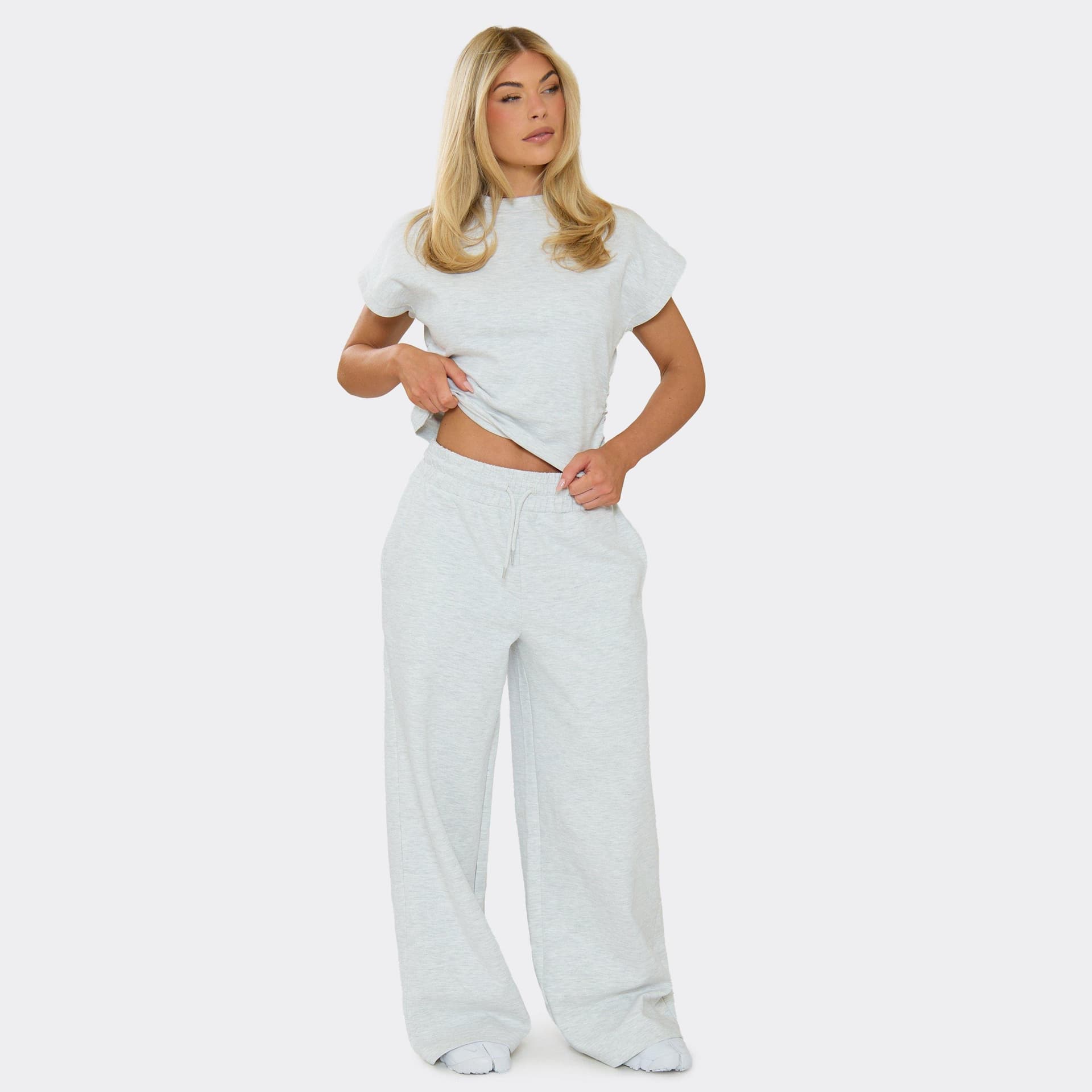 EGO Mid Rise Wide Leg Joggers In Grey Marl Interlock, Women's Size UK 6