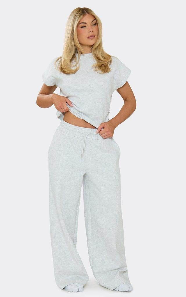 EGO Mid Rise Wide Leg Joggers In Grey Marl Interlock, Women's Size UK 6 - 2