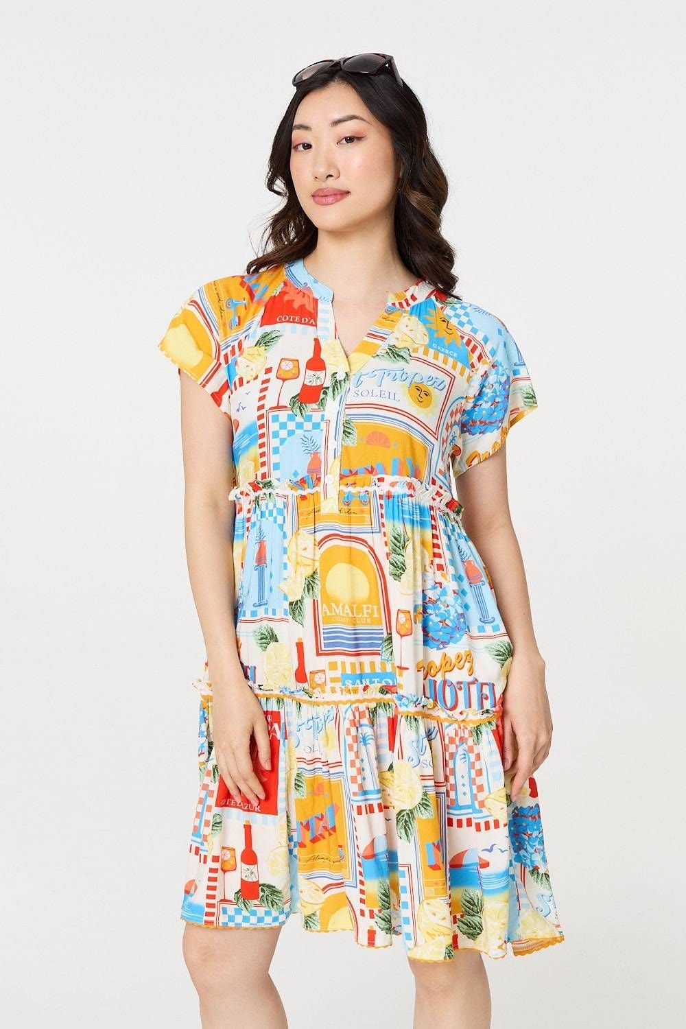 Izabel London Orange Patchwork Print Knee-Length Smock Dress