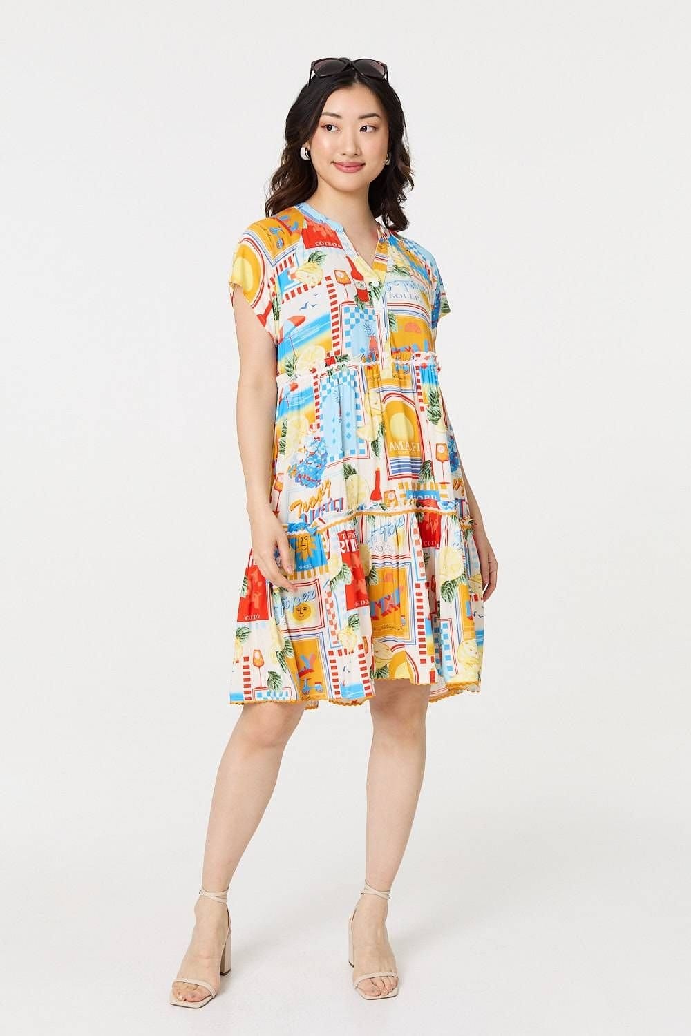Izabel London Izabel London Women's Patchwork Print Knee Length Smock Dress in Orange - 4