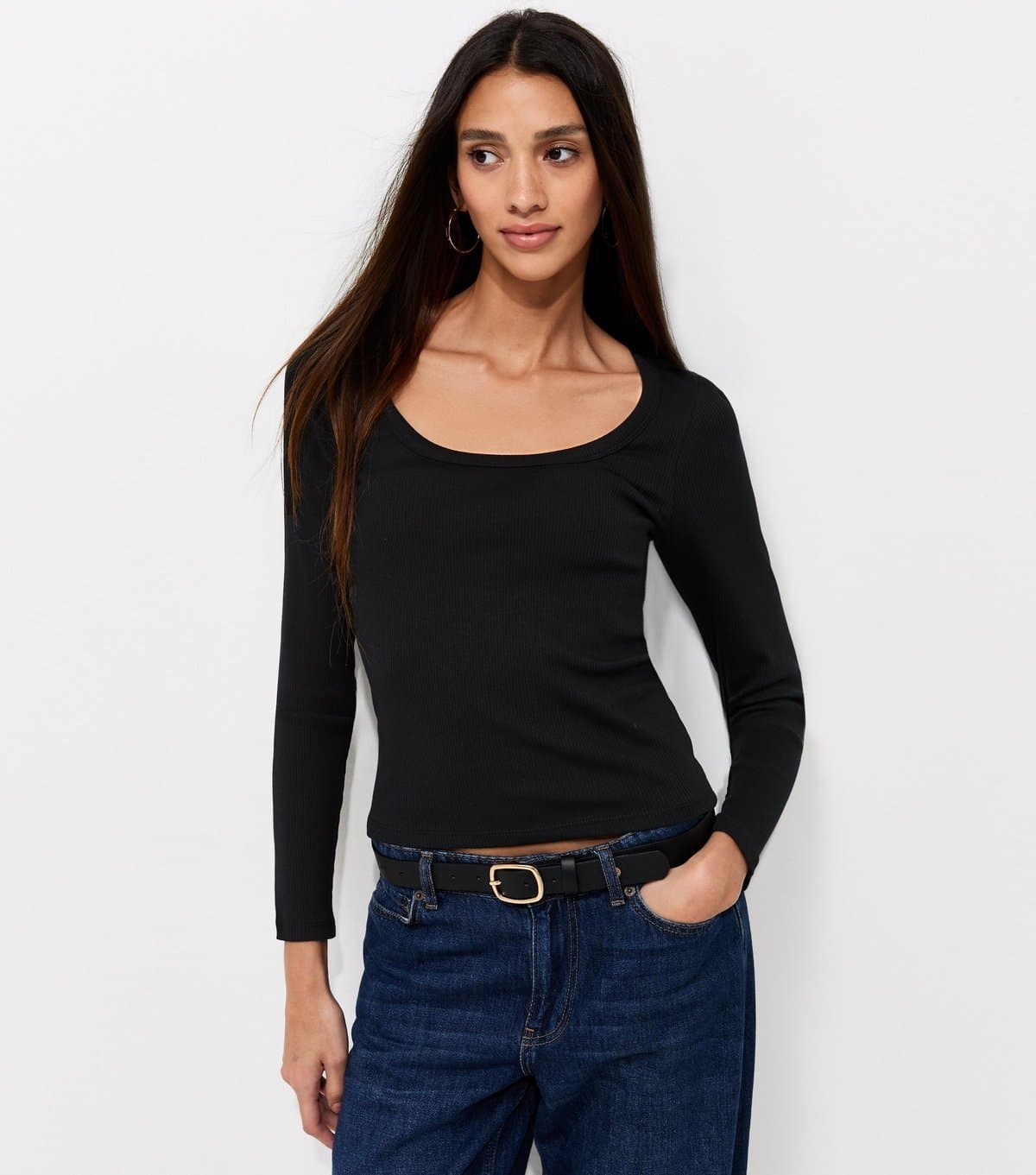 New Look Women's Black Cotton Rich Long Sleeve Ribbed Scoop Neck Top New Look