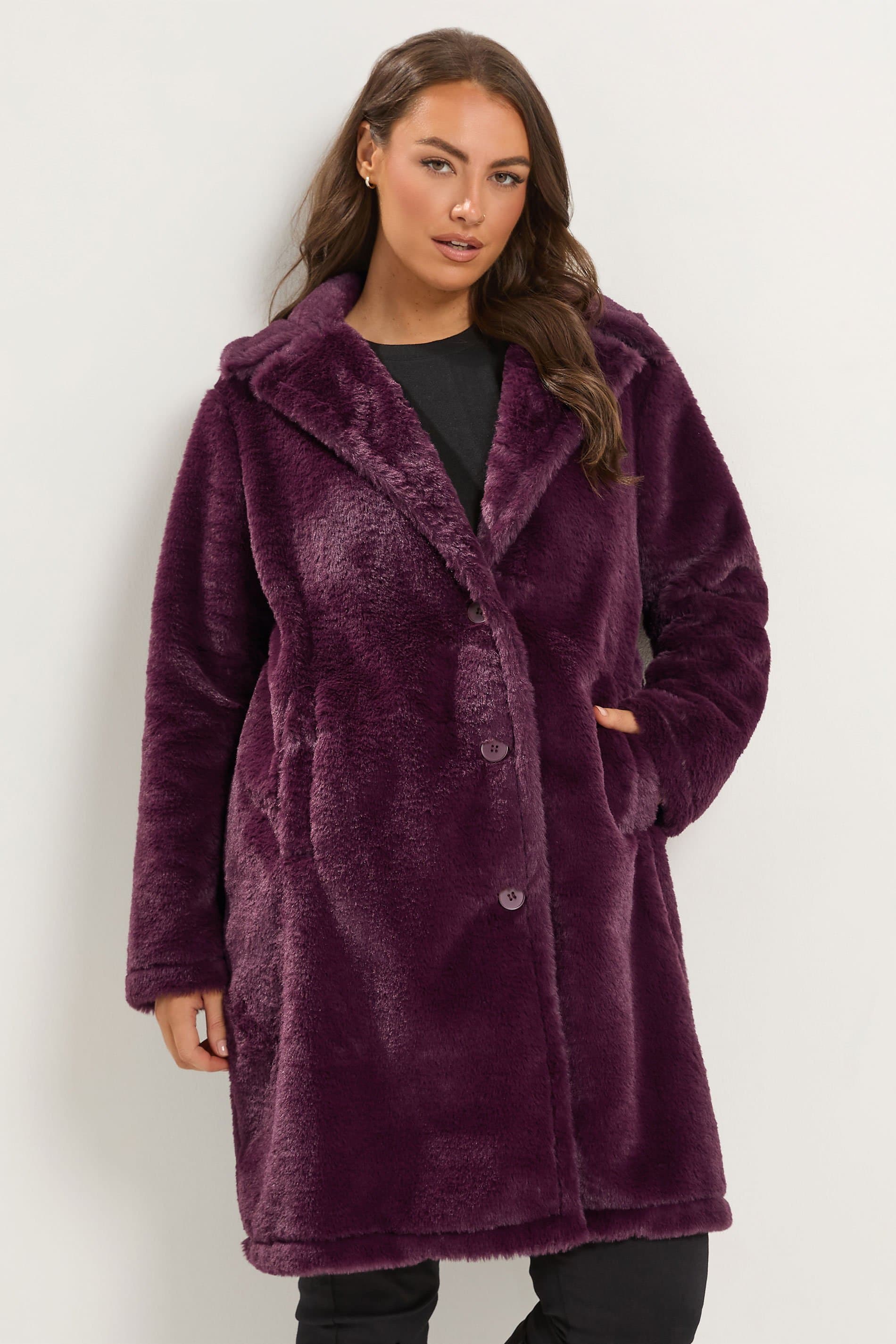Yours Plus Size Purple Faux Fur Button Through Coat
