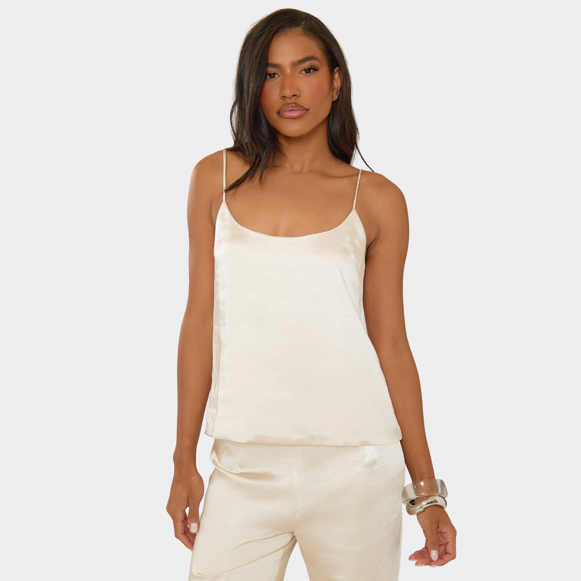 EGO EGO Cream Satin Strappy Scoop Neck Cami Top