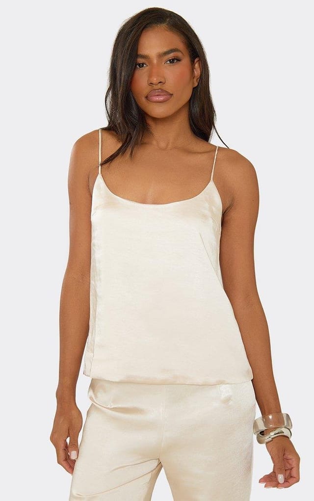 EGO Strappy Scoop Neck Cami Top In Cream Satin, Women's Size UK 6 - 2