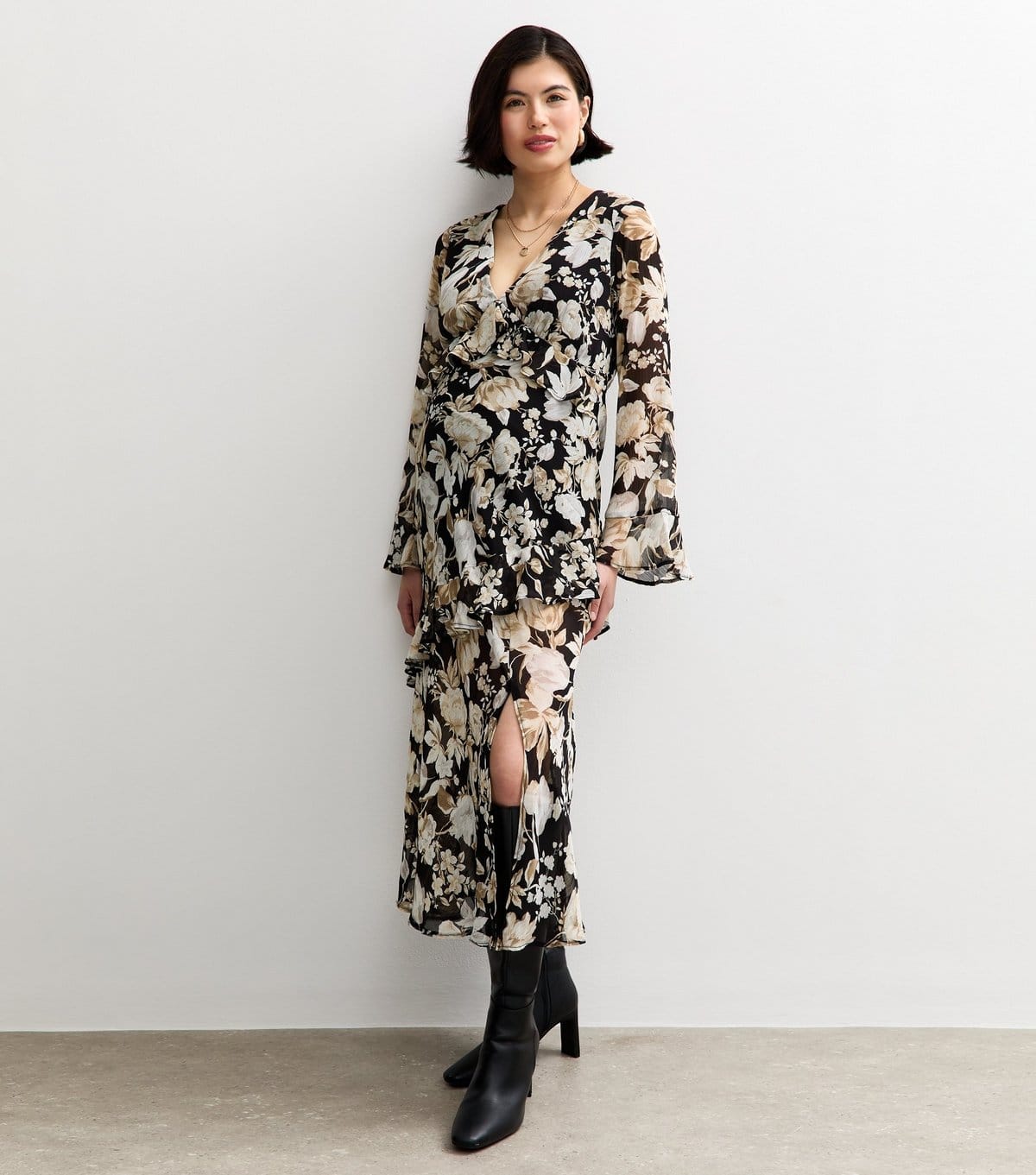 New Look Black Floral Flared Sleeve Midi Maternity Dress