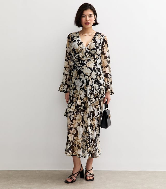 New Look Women's Maternity Black Floral Flared Sleeve Midi Dress New Look - 2