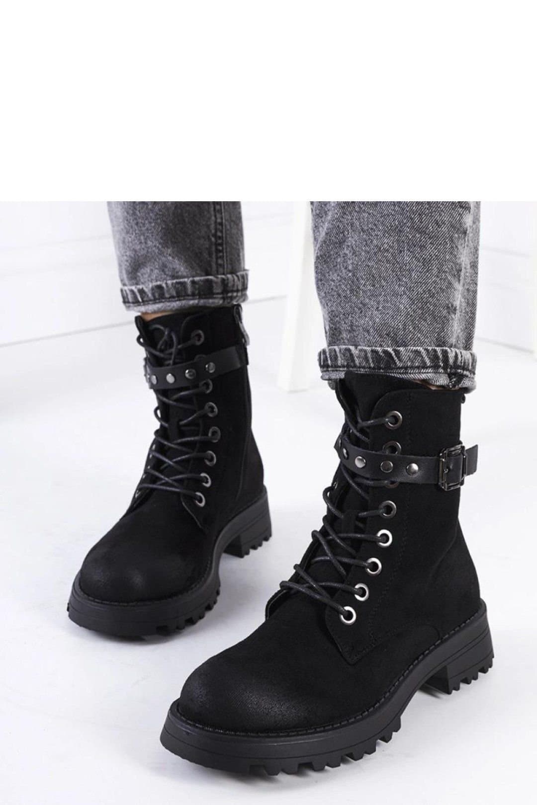 Love Lace Love Lace Women's Lace Up Ankle Boots with Side Zip Suede Feel & Silver Buckle in Black