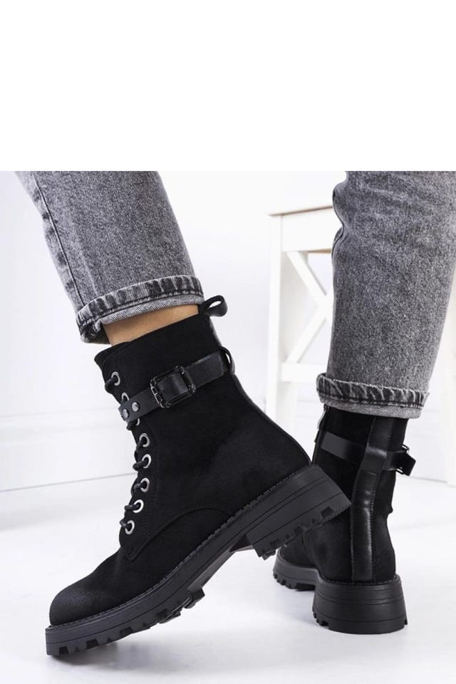 Love Lace Love Lace Women's Lace Up Ankle Boots with Side Zip Suede Feel & Silver Buckle in Black - 3