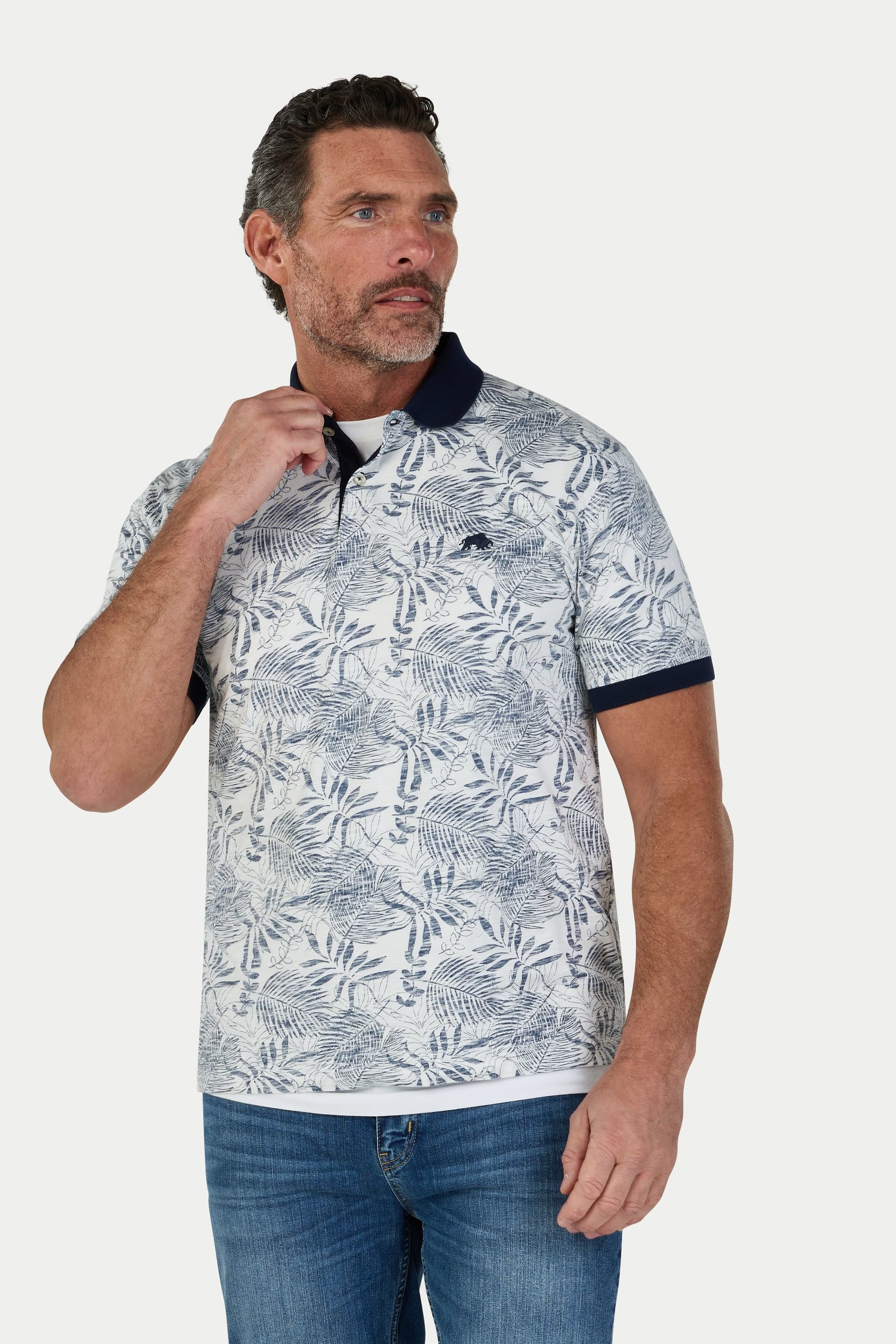raging bull Raging Bull Men's Reverse Print Floral Jersey Polo in Off-White