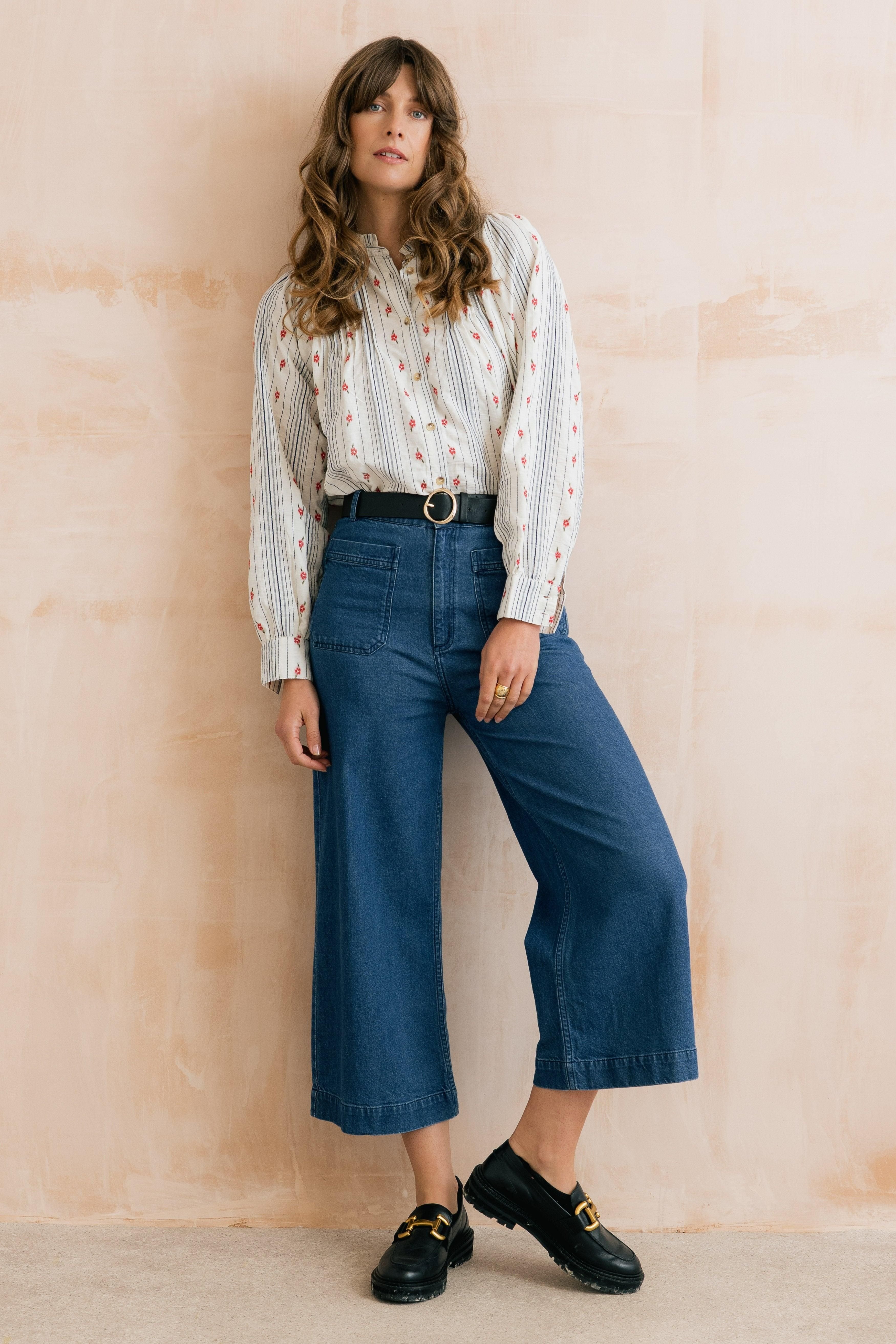 Lily & Me Lily & Me Women's Flora Embroidered Stripe Blouse in Ecru - 2