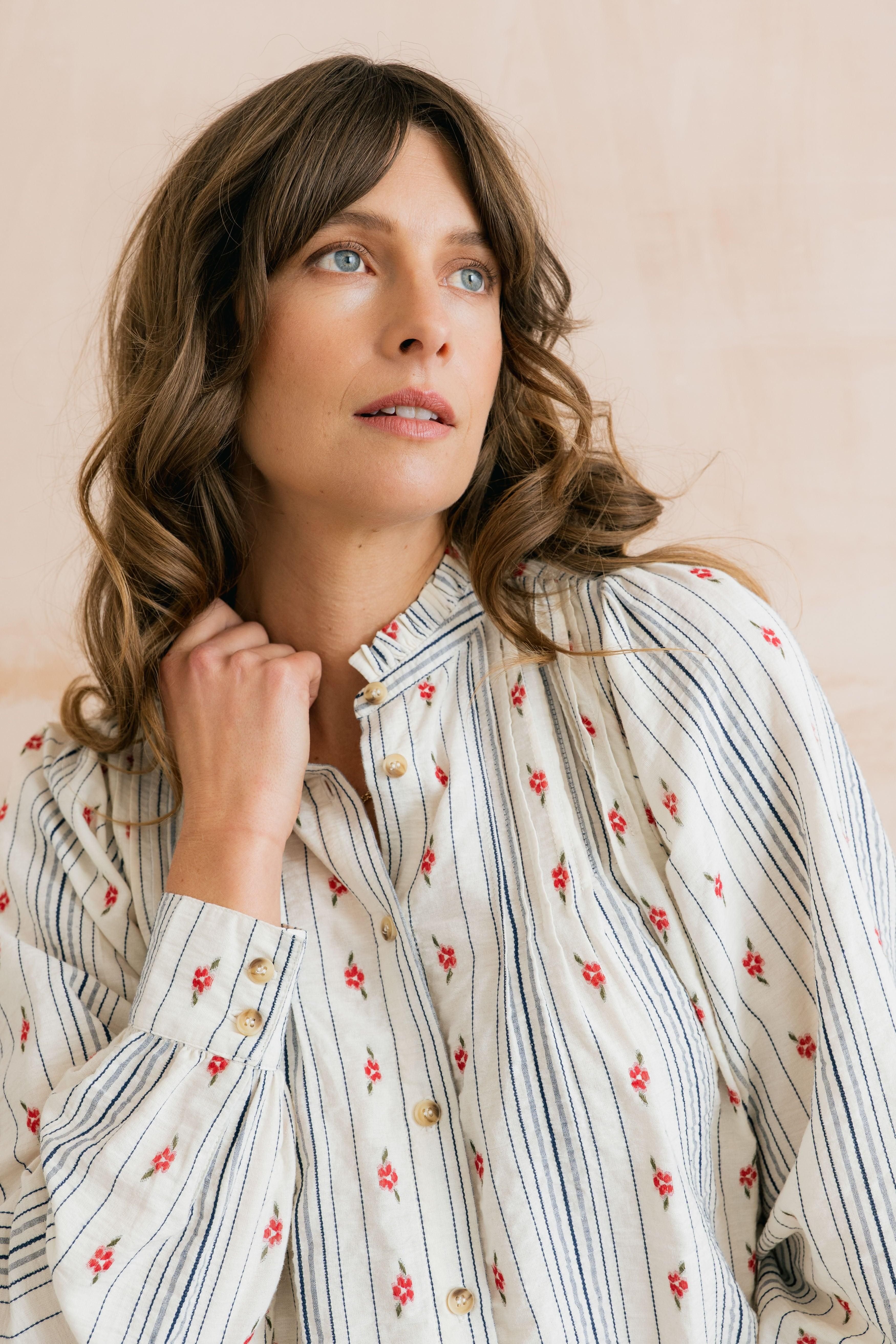 Lily & Me Lily & Me Women's Flora Embroidered Stripe Blouse in Ecru - 3