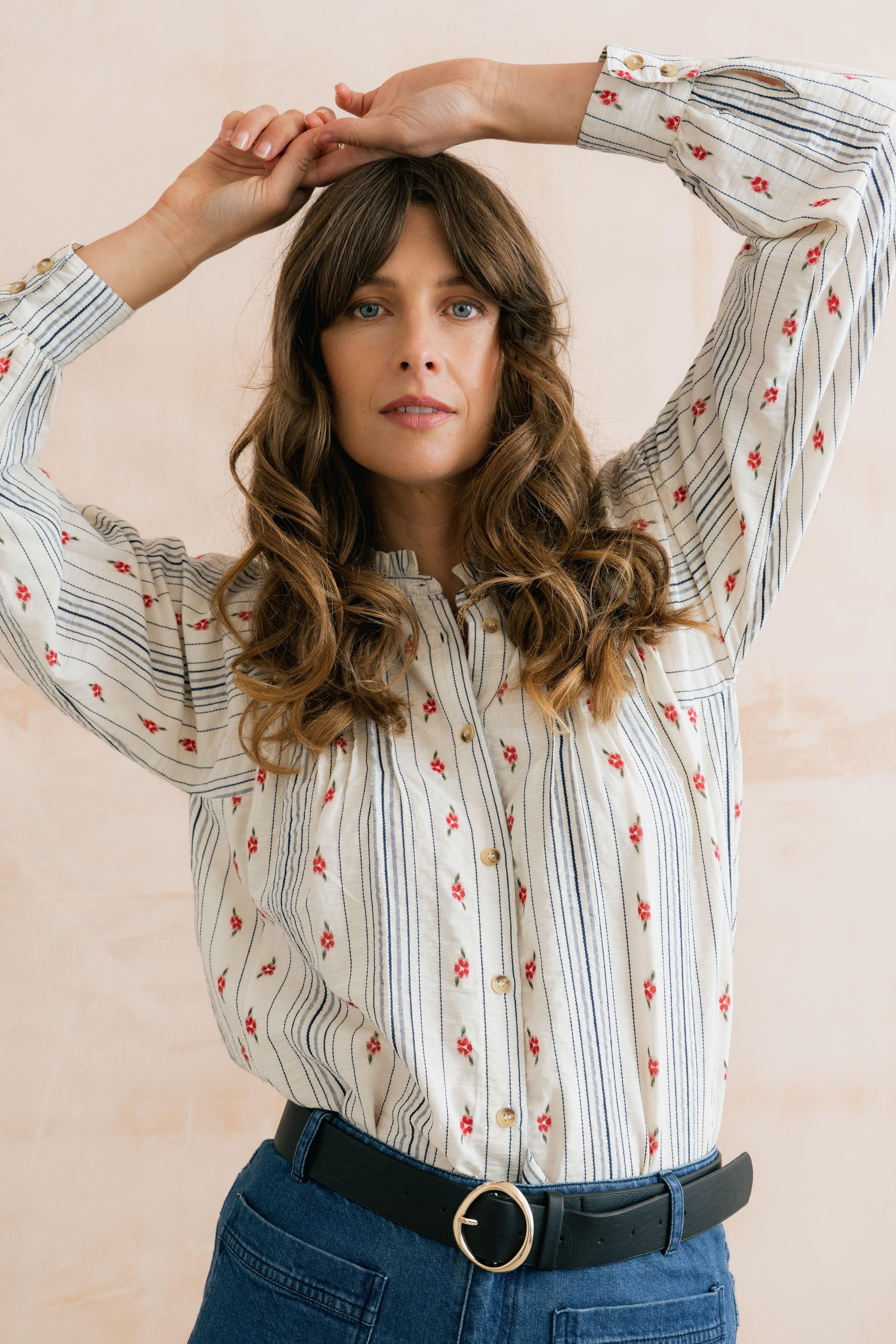 Lily & Me Lily & Me Women's Flora Embroidered Stripe Blouse in Ecru - 4
