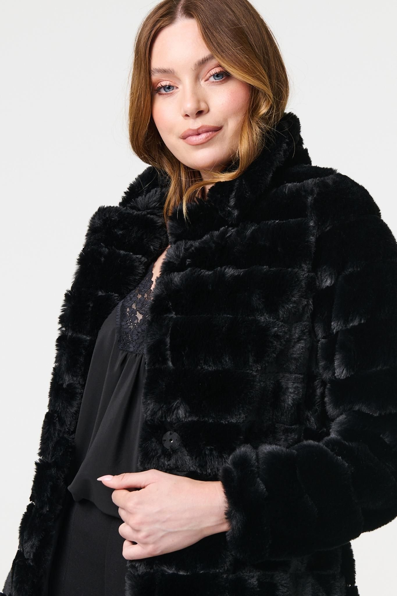 Izabel London Izabel London Women's Faux Fur Thigh Length Coat in Black - 4