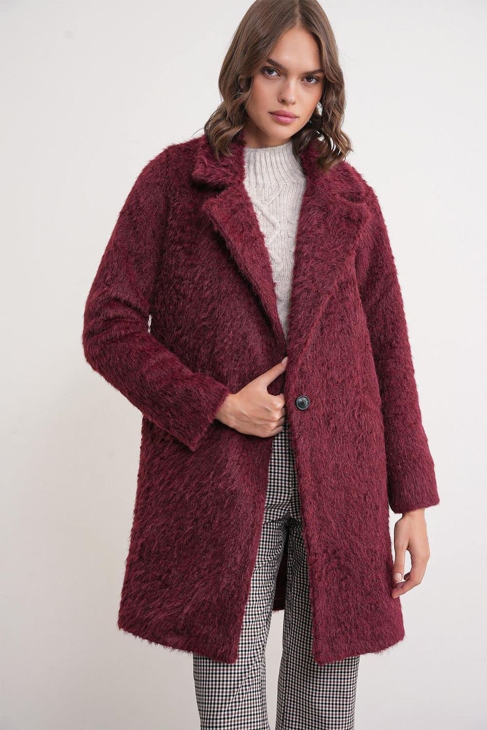 MixRay MixRay Burgundy Textured Long Coat with Jacket Collar