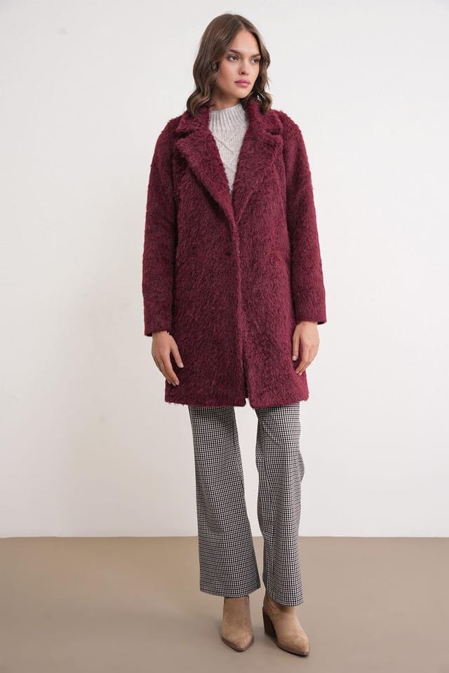 MixRay MixRay Women's Textured Long Coat with Jacket Collar in Burgundy - 2