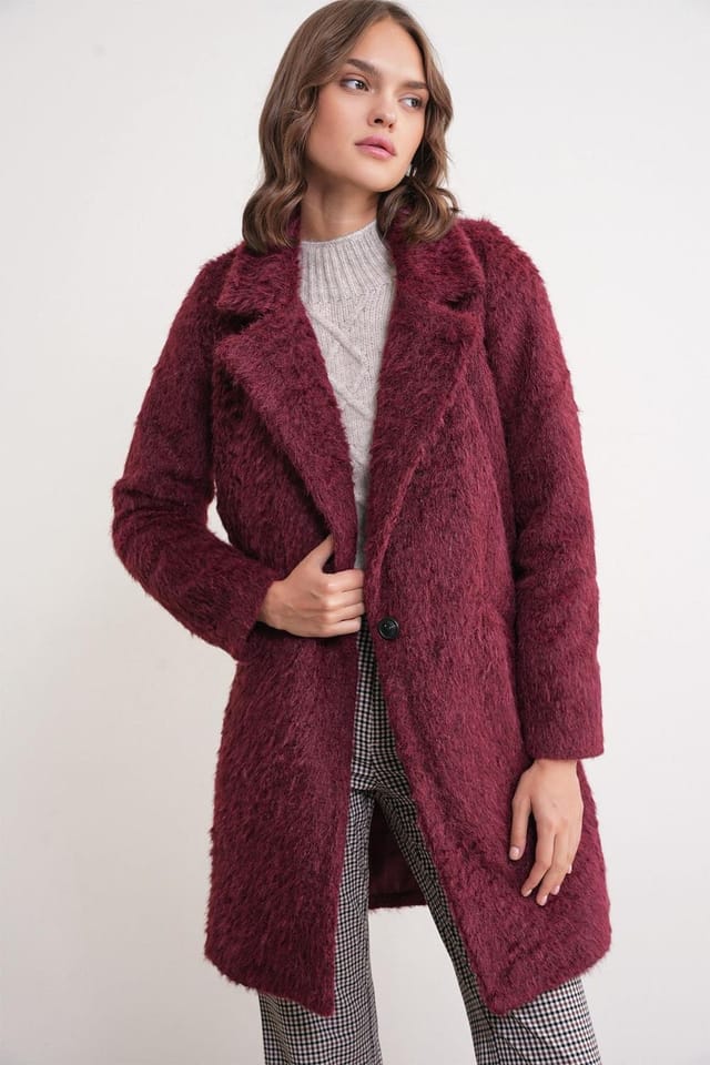 MixRay MixRay Women's Textured Long Coat with Jacket Collar in Burgundy - 3