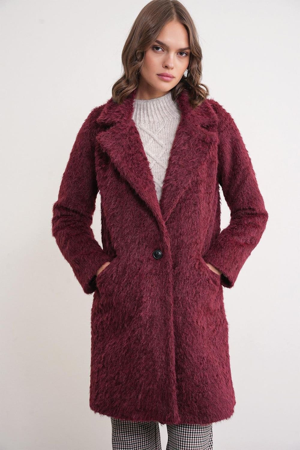 MixRay MixRay Women's Textured Long Coat with Jacket Collar in Burgundy - 4