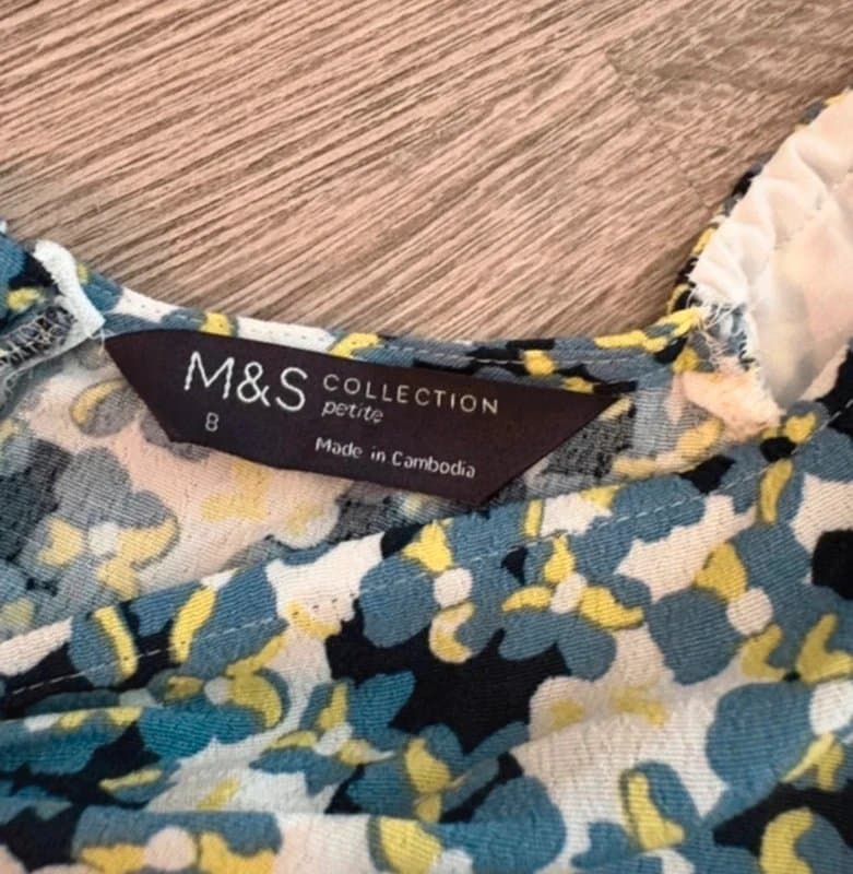 Marks & Spencer M&S Collection Petite Floral Midi Dress UK 8 Puff Sleeve Blue Yellow Tea Dress